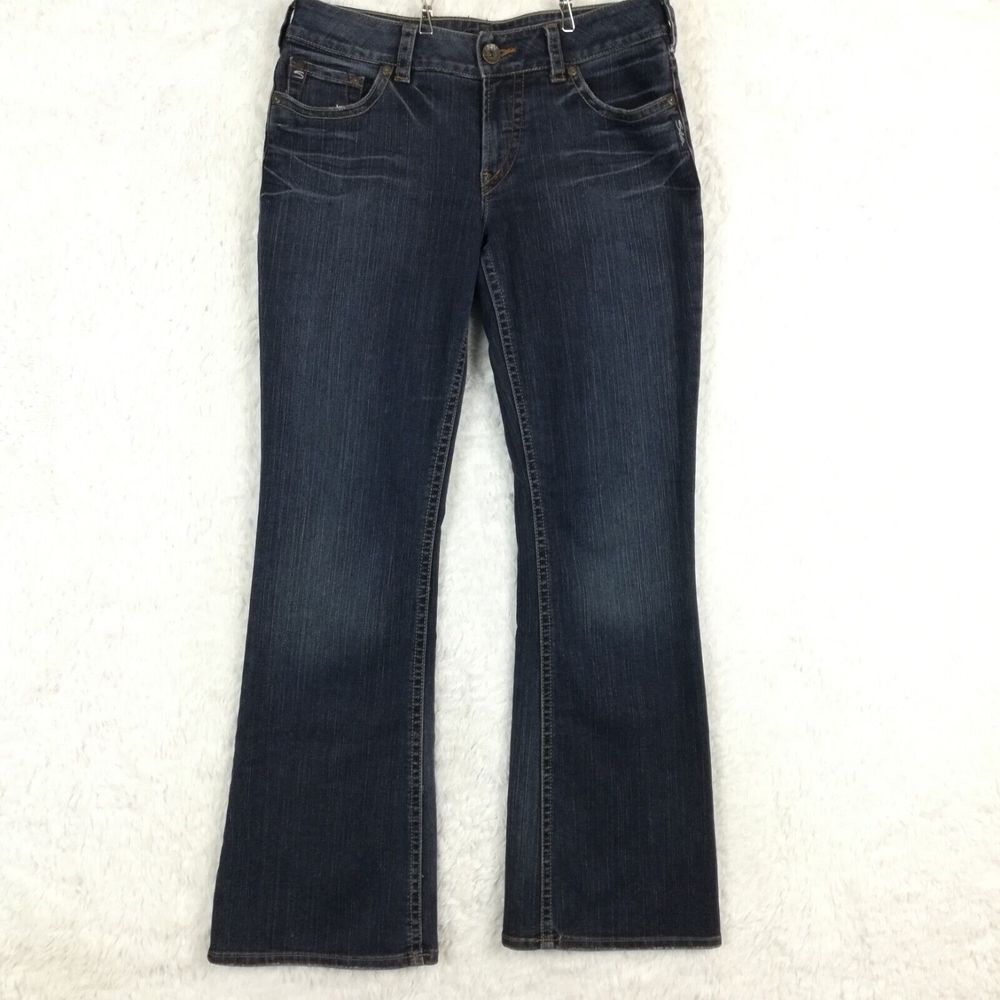 Silver Jeans Womens Suki Boot‎ Cut Denim Blue Dark Wash Whiskering Mid Rise 31